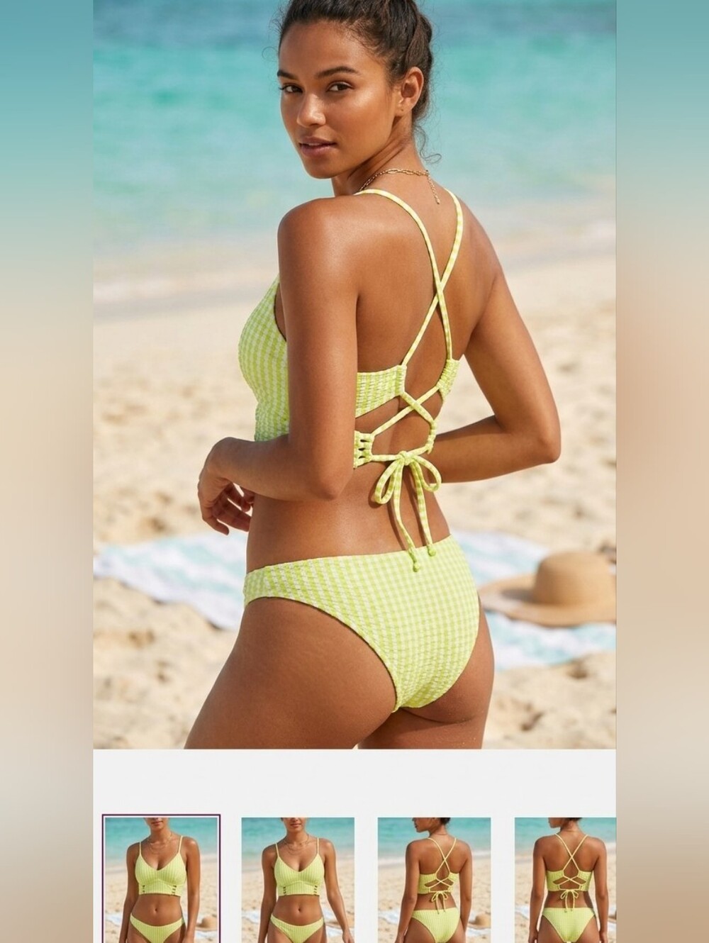Jessica Simpson Neon Yellow White Striped Bikini Set Small Like New Seersucker